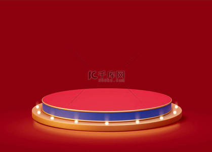 product背景图片_3d round podium decorated with retro broadway lights. Product display platform isolated on red background, suitable for Chinese new year decoration