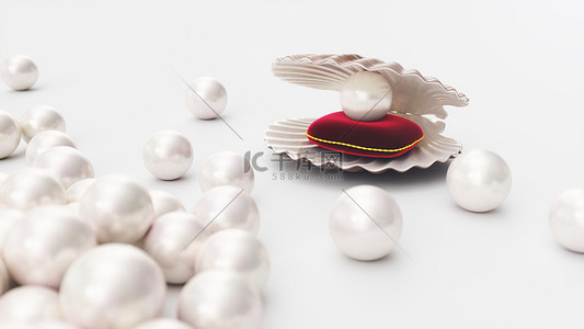 枕头上背景图片_海贝壳与珍珠在柔软的红色天鹅绒枕头上与金色的笔触。美丽的珍珠，昂贵的女性首饰。贝壳，多颗美丽的珍珠。美丽闪亮的海珠，3D插图