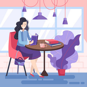 女商人享受从办公室休息坐在餐厅喝咖啡,而阅读书籍,矢量插图.