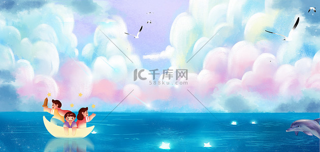 海鸥云朵背景图片_儿童节云朵蓝色创意梦幻背景