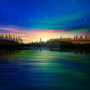 宇宙岩石背景图片_森林湖与日出的抽象背景