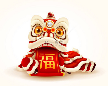中国新年舞狮卷轴。孤立。翻译: 财富.