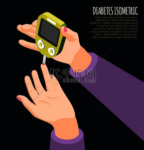 糖尿病诊断等距背景与人手持仪表测量血糖水平矢量图
