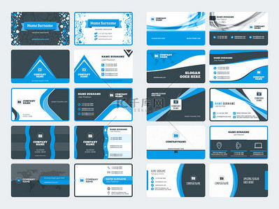 公司名片模板背景图片_现代创意名片模板集。蓝色和黑色的颜色。平面样式矢量图。文具设计
