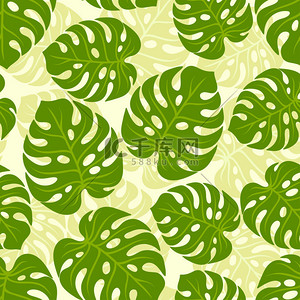 美容绿色背景背景图片_无缝热带模式与程式化的龟背竹叶.