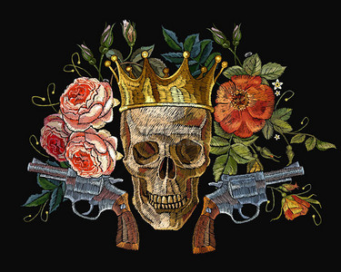 英迪娅埃斯利背景图片_刺绣金冠, 枪, 头骨和红玫瑰。穆埃尔托斯, 死亡艺术之日。哥特式 romanntic 刺绣人的头骨, 左轮手枪, 皇冠和红玫瑰和粉红色的牡丹花.