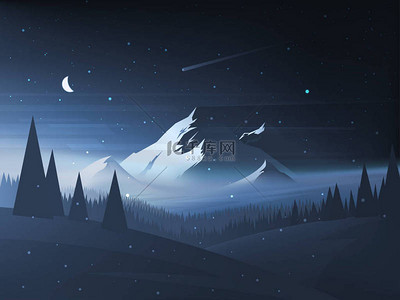夜山冬天风景。矢量插图
