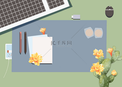 仙人掌花卉与电脑工作台背景