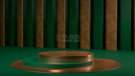 金铜圆形舞台、底座或讲台之上的深绿色纸背景.产品或对象的背景或模型。用于产品的标识、品牌和展示.3d说明
