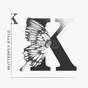 字母 K 与蝴蝶剪影。君主翼蝴蝶标志模板隔离在白色背景上。书法手绘刻字设计。字母概念。单字矢量插图