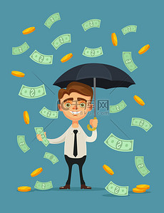 办公室工作人员字符抓住伞和站在钱雨下。矢量平面卡通插画