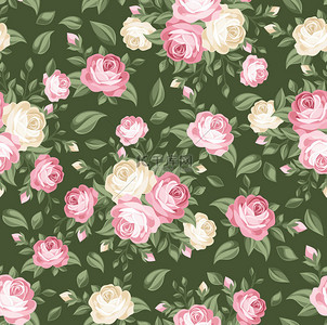 花的装饰矢量背景图片_与粉红和白色玫瑰的无缝模式。矢量插画.