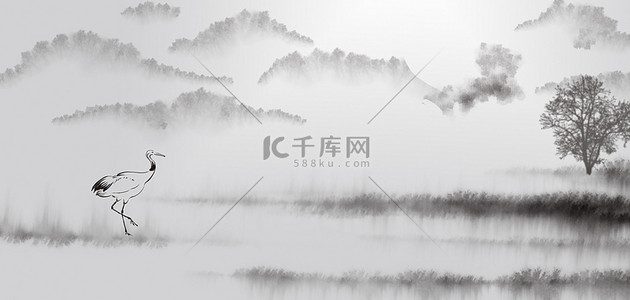 中国风水墨山水树木仙鹤