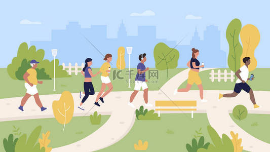 快来参加背景图片_跑步者在城市公园矢量图解中慢跑，卡通人物、平面女子、慢跑者参加马拉松、训练和跑步