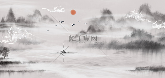 简约中国风水墨山水手绘古风海报背景