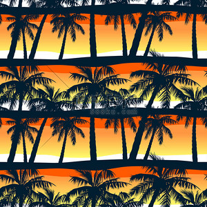 平铺花卉背景图片_热带棕榈树在日落时在一个无缝的模式