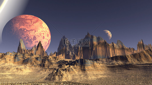 幻想外星人的星球。岩石和天空。3d 图 