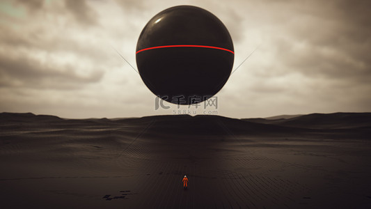 异形球体黑色几何摘要立方景观低沙丘深度场和孤独橙色宇航员3D插图3D渲染 