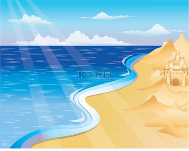 夏季卡与沙子城堡。矢量插画