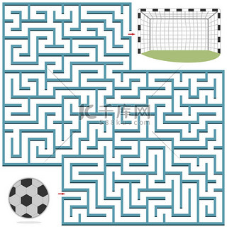 迷宫的主题是体育运动，足球，帮助球进入目标，迷宫的形状是正方形的，背景是白色的，载体是教育，发展，儿童图书的设计