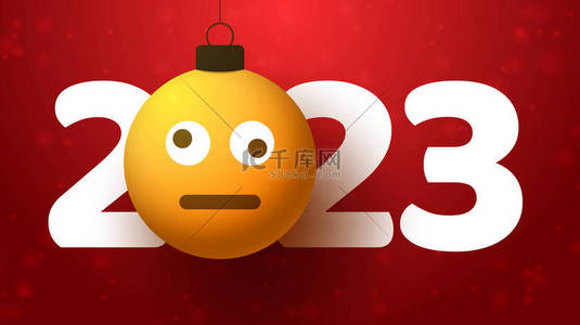 2023年新年贺卡，上面挂着令人困惑的情人脸，像圣诞节玩具、球或易碎玩具一样挂在线上。新年情绪概念矢量图解