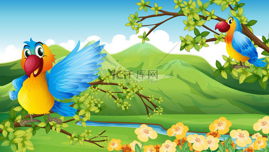 地区蓝色背景图片_鸟类和一座山