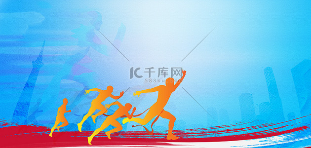 人物跑步背景图片_马拉松健身跑步剪影蓝色简约运动背景