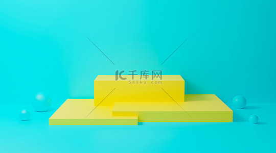 3D蓝色讲台。带几何形状的墙体背景图.明亮的黄色立方体用于促销.三维渲染设计，用于展示产品和在网站上演示。创意最少.