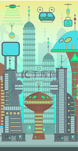 未来派城市设置为平面卡通设计风格. 现代城市的全景，现代建筑和未来的交通：摩天大楼，飞车和无人驾驶飞机。 2d游戏的矢量元素.