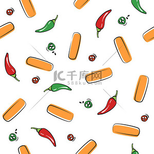 食品手绘背景图片_无缝隙的病媒图案与传统的韩国食品- tteokbokki米棒和辣椒。手绘卡通画图,用于菜单或包装纸装饰