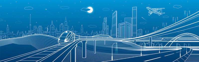 移动端空页面背景图片_汽车立交桥、 城市基础设施、 城市的情节，飞机起飞了，火车在桥上移动运输蓝色背景上的插图，白线，矢量设计艺术