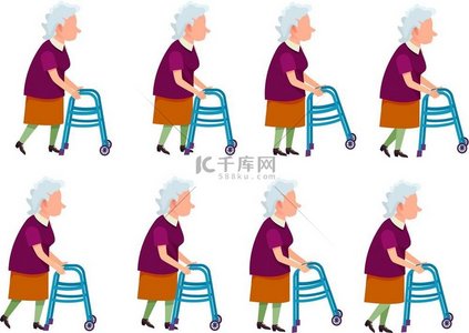 老妇人与简单卡通风格老妇人的偶像系列退休女性带助行器不同动作的图片紫色背心浅色裙子卡通风格正在运动的老人用于卡通动画矢量