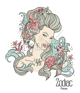 纹鱼背景图片_Zodiac. Vector illustration of Pisces as girl with flowers.