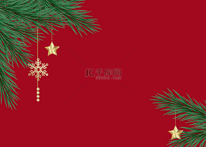 雪红色背景背景图片_圣诞节装饰金色星星挂坠红色背景