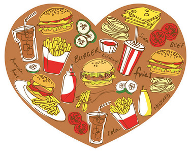 餐馆菜单背景图片_快餐食品在心的形状