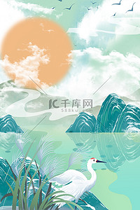 大气复古背景图片_白露 白鹭芦苇中国风创意二十四节气白露