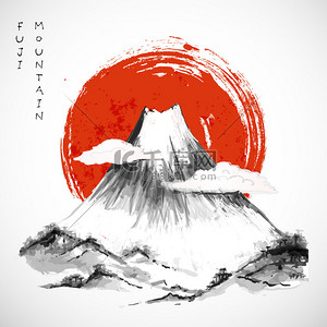 大红色水杯背景图片_富士山山和大红色的太阳