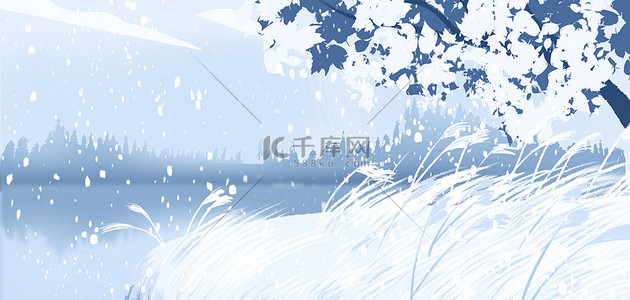 大雪古风背景图片_冬季背景湖边草地