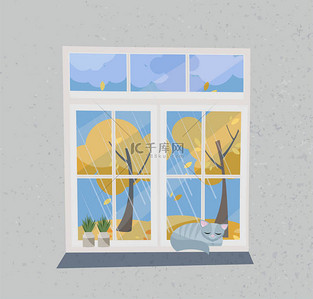 从窗口的秋天视图。关闭窗口俯瞰着印度的夏天, 树叶, 黄色的树木。在 windowsilll 植物的盆和睡觉的猫。平面卡通风格矢量插画.