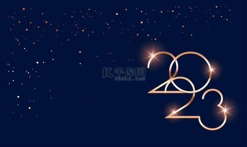 golden背景图片_Luxury 2023 Happy New Year Merry Christmas greeting card - golden shine 2023 lettering on dark blue christmas confetti background - vector