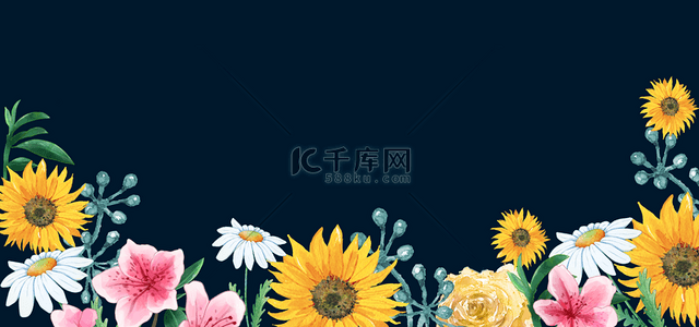 海军蓝背景图片_水彩花卉海军蓝背景彩色盛开花瓣