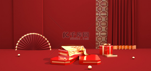 几何空间红色背景图片_C4D几何舞台红色中国风