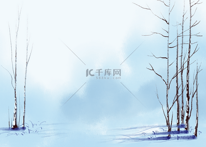 雪景手绘背景图片_枯树白色雪景山水水墨背景