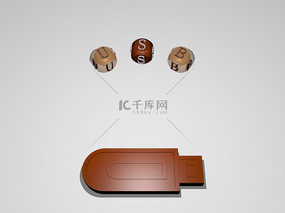 usb4背景图片_三维表示的USB与图标在墙上，文字排列的金属立方体字母在一面镜子地板上的概念含义和幻灯片演示。图解和背景