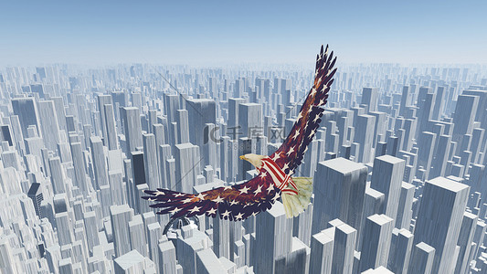 雄鹰飞越未来的都市。3d 渲染