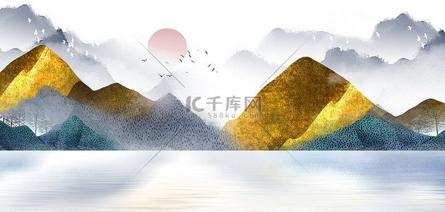 山水画创意背景图片_水墨山水墨蓝创意背景