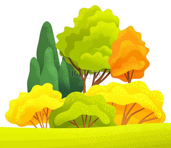 秋天或夏天的卡通乡村景观森林前有绿色的田野或草地可爱的乡村自然矢量插图高大的树木和冷杉白色背景上郁郁葱葱的灌木丛秋季或夏季卡通乡村景观