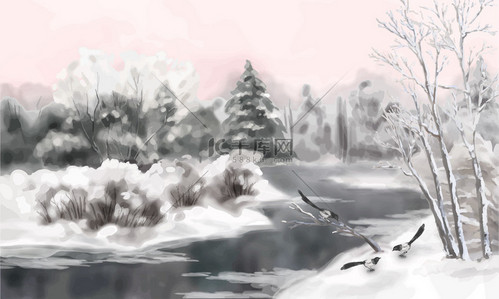 冬天矢量水彩风景