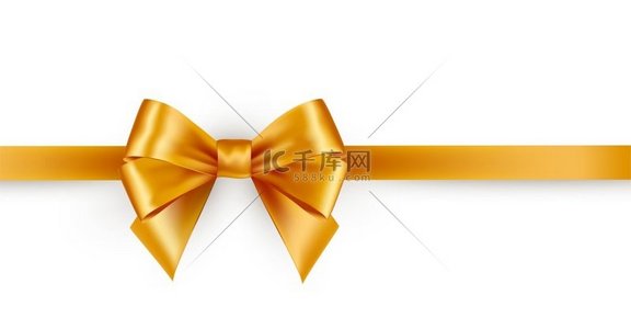 闪亮的金色缎带蝴蝶结，水平丝带在白色背景上被隔离。