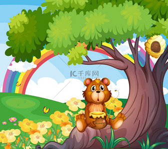 生物蓝色背景背景图片_一只熊在树下一起在后面的彩虹